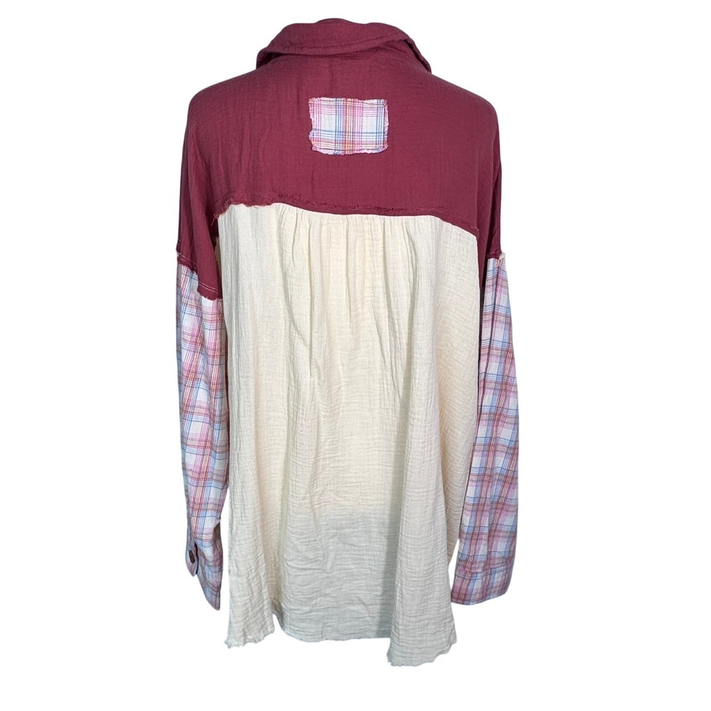 EASEL Women's 2X‎ Burgundy Cream Mixed Plaid Gauze Button Down Long Sleeve Shirt - Picture 2 of 7